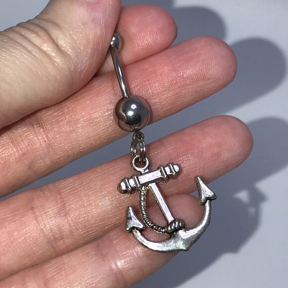 Large Anchor with Rope and Light Blue Gem Dangle Belly Ring - Picture 14 of 16